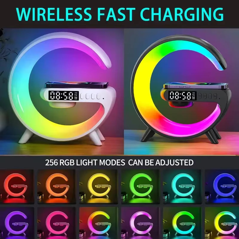 Wireless Charger Stand Alarm Clock Bluetooth Speaker LED Lamp RGB Night Light Fast Charging Station for Iphone Samsung Xiaomi