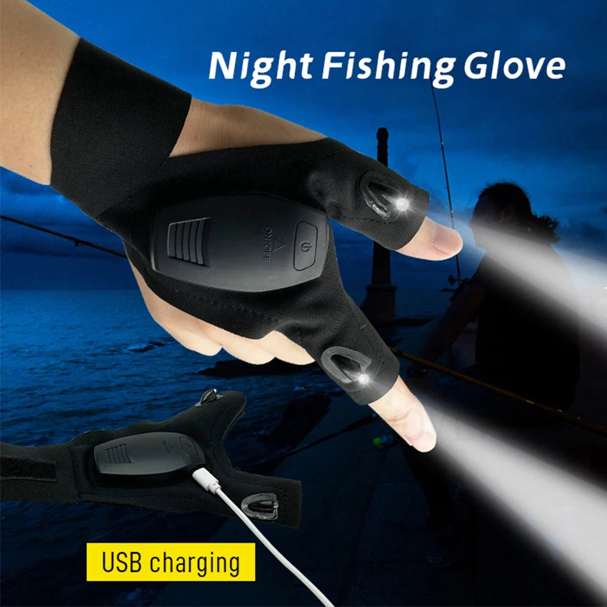 LED Flashlight Gloves 2 Fingers Protecto Waterproof Hands-Free Lights Gloves for Night Fishing Camping Repairing Cool Gadget Hot